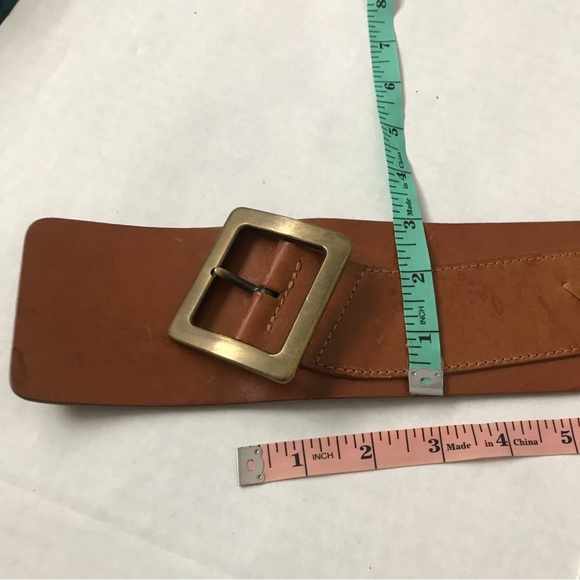 RENZA Italian Luxury Belt Asymmetrical Wide Saddle Brown Leather Brass Buckle - Picture 6 of 11